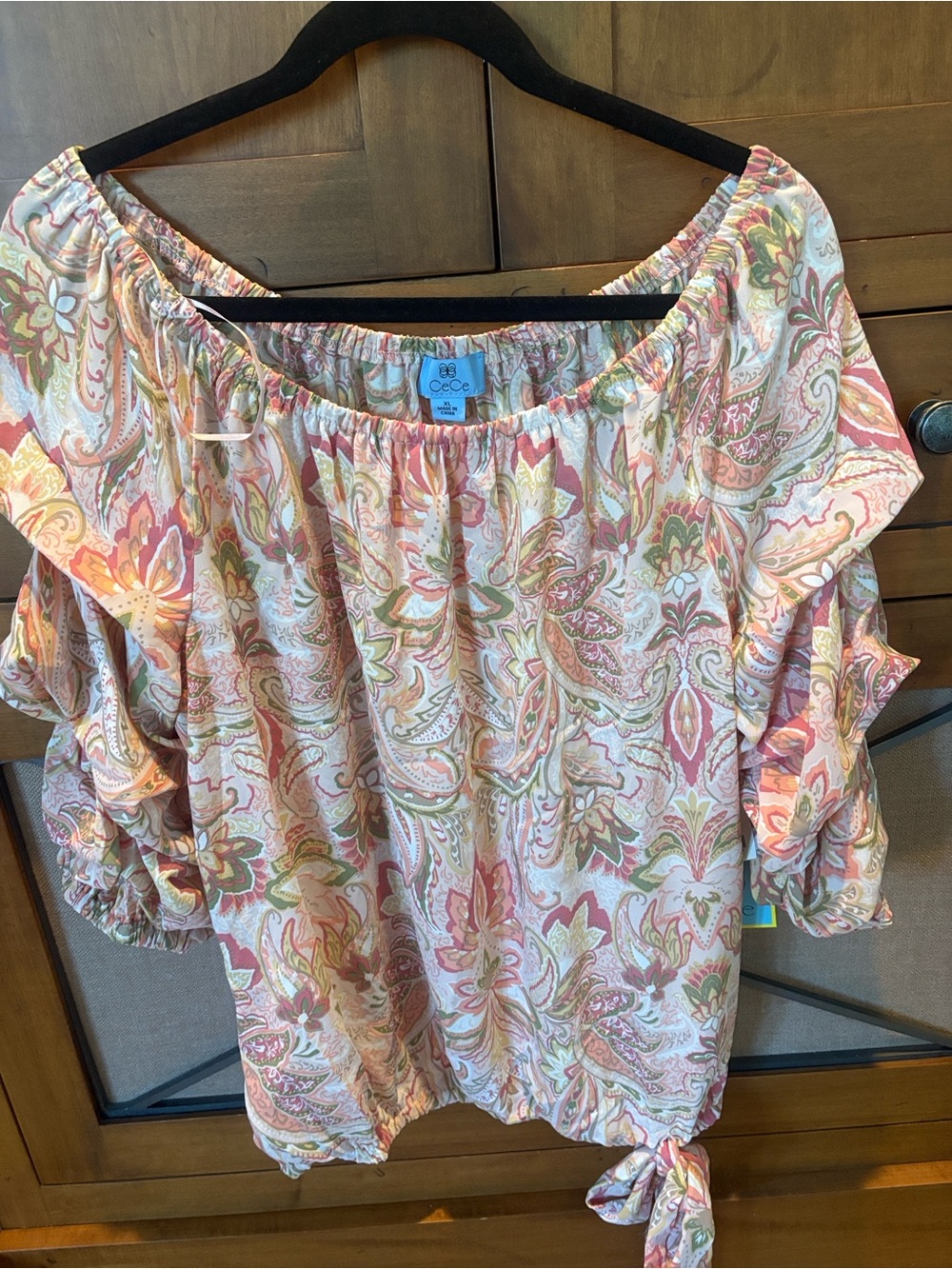 CeCe Pink & Cream Paisley Off-Shoulder Tie-Hem Blouse
